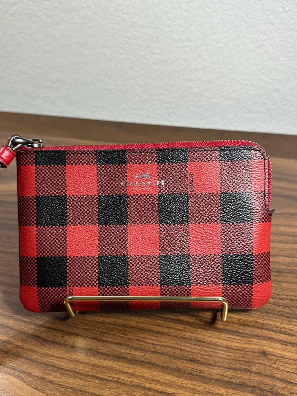 Coach Red and Black Buffalo Check Wristlet - Picture 3 of 7
